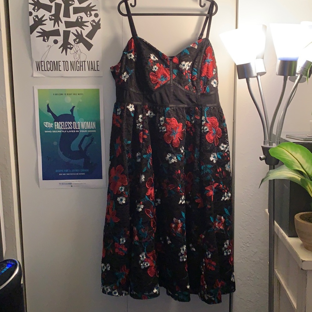 Special Occasion Black Embroidered Floral Midi